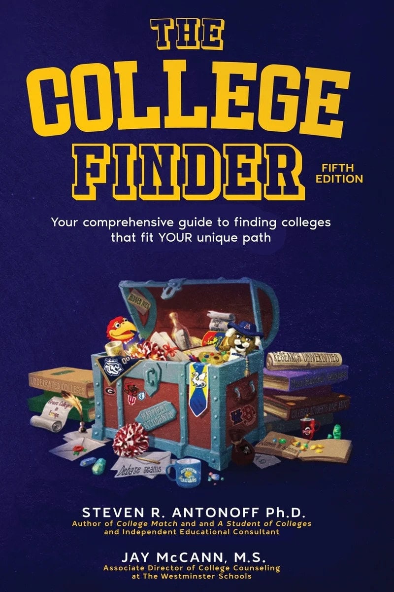 Book cover for "The College Finder" features a colorful treasure chest filled with college admissions books, a pennant, and a graduation cap, set against a dark blue background with yellow and white text.